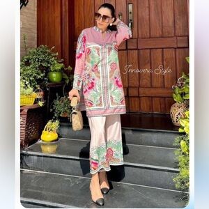 Floral Pink and Green Silk Set 2Pc